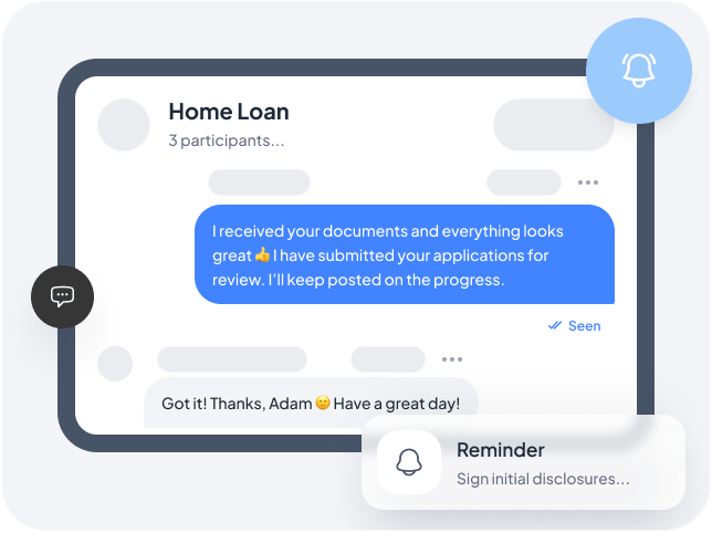 Borrower engagement tools with automated email, SMS, push notifications, and in-app messaging
