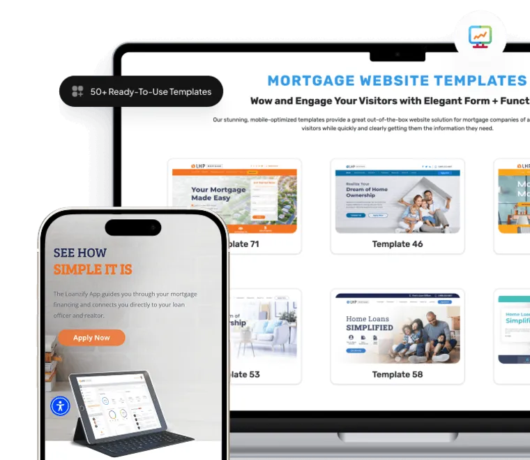 LenderHomePage mortgage website templates shown across desktop and mobile